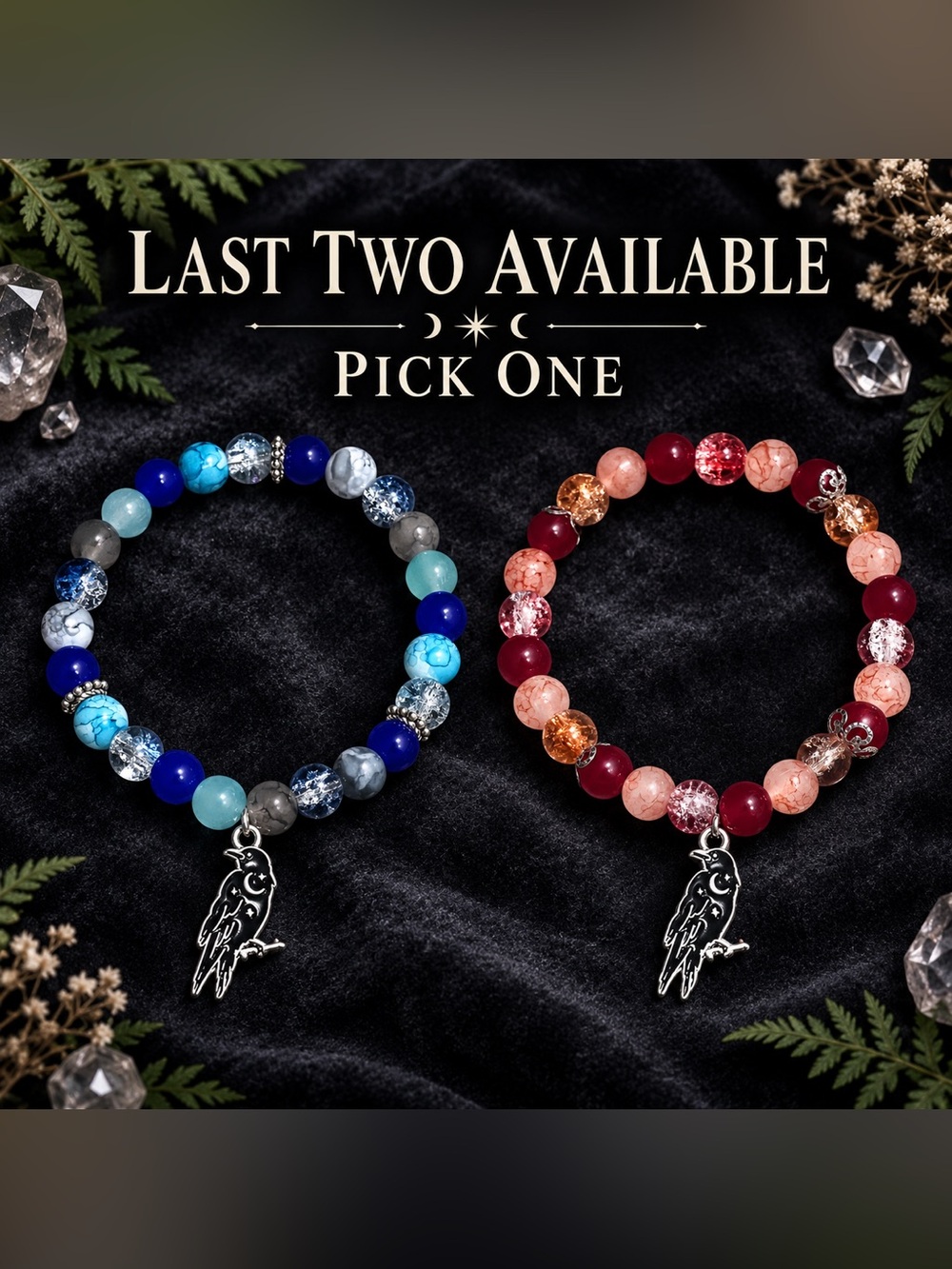 PICK ONE! Raven charm glass beaded bracelet collection